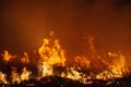 Extreme closeup of raging grass wildfire at night. Inspiration for danger, bushfire warning, posters or memes. Wallpaper or Royalty Free Stock Photo