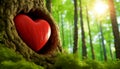 Red Heart Carved Into a Tree Trunk in a Green Forest - Generative Ai Royalty Free Stock Photo