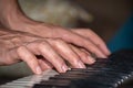 Extreme closeup scene of a man playing piano, hands only.