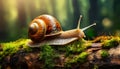 Close-up of a Snail with Shell above a Tree Trunk in the Forest - Generative Ai Royalty Free Stock Photo