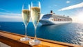 Two Champagne Flutes Glasses on a Wooden Railing of a Cruise Ship - Generative Ai