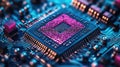 Extreme closeup view of quantum processor chip. Superconducting qubits, quantum computing architecture clearly visible. Modern