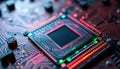 Extreme closeup view of quantum processor chip. Superconducting qubits and quantum computing architecture are visible on circuit