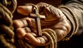 Wrinkled Hand of an Old Man Holding a Small Wooden Cross - Generative Ai Royalty Free Stock Photo