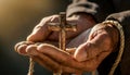 Wrinkled Hand of an Old Man Holding a Small Wooden Cross - Generative Ai Royalty Free Stock Photo