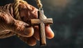 Wrinkled Hand of an Old Man Holding a Small Wooden Cross - Generative Ai Royalty Free Stock Photo