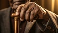 Wrinkled Hand of an Old Man Holding a Wooden Cane - Generative Ai Royalty Free Stock Photo