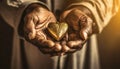 Wrinkled Hands of an Old Man Holding a Small Wooden Heart - Generative Ai
