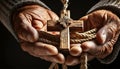 Wrinkled Hands of an Old Man Holding a Small Wooden Cross - Generative Ai Royalty Free Stock Photo