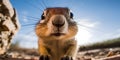Extreme closupe of Chipmunk peeking at camera, blurred desert with blue sky on background Royalty Free Stock Photo