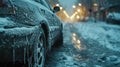 Extreme cold, Climate change, icy streets, close-up of a car covered in ice parked on a snowy street. Royalty Free Stock Photo