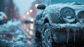 Extreme cold, Climate change, icy streets, close-up of a car covered in ice parked on a snowy street. Royalty Free Stock Photo