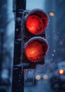 Extreme cold, Climate change, Urban Freeze, Close-Up of a Frozen Traffic Light with Icicles, Snowflakes Blurring the Red Royalty Free Stock Photo