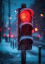 Extreme cold, Climate change, Urban Freeze, Close-Up of a Frozen Traffic Light with Icicles, Snowflakes Blurring the Red Royalty Free Stock Photo