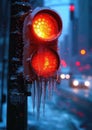 Extreme cold, Climate change, Urban Freeze, Close-Up of a Frozen Traffic Light with Icicles, Snowflakes Blurring the Red Royalty Free Stock Photo