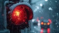 Extreme cold, Climate change, Urban Freeze, Close-Up of a Frozen Traffic Light with Icicles, Snowflakes Blurring the Red Royalty Free Stock Photo