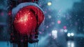 Extreme cold, Climate change, Urban Freeze, Close-Up of a Frozen Traffic Light with Icicles, Snowflakes Blurring the Red Royalty Free Stock Photo