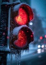 Extreme cold, Climate change, Urban Freeze, Close-Up of a Frozen Traffic Light with Icicles, Snowflakes Blurring the Red Royalty Free Stock Photo