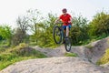 Extreme cycling concept, cyclist jumping on a mountain bike Royalty Free Stock Photo