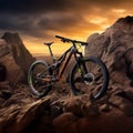 Extreme detailed shot of mountain bike on the mountain. Generative Ai