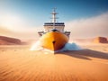 Extreme Earth Warming Climate Change Representation of Ice Breaker Boat Breaking Through Ice in Desert, created with Generative AI Royalty Free Stock Photo