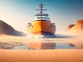 Extreme Earth Warming Climate Change Representation of Ice Breaker Boat Breaking Through Ice in Desert, created with Generative AI Royalty Free Stock Photo