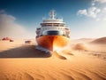 Extreme Earth Warming Climate Change Representation of Ice Breaker Boat Breaking Through Ice in Desert, created with Generative AI Royalty Free Stock Photo