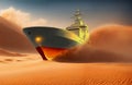 Extreme Earth Warming Climate Change Representation of Ice Breaker Boat Breaking Through Desert Sand, created with Generative AI Royalty Free Stock Photo