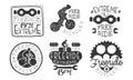 Extreme Freeride Retro Labels Set, Bicycle Sport Hand Drawn Badges Monochrome Vector Illustration
