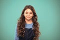 Extreme hair volume. Kid girl long healthy shiny hair. Little girl grow long hair. Teaching healthy hair care habits Royalty Free Stock Photo