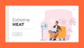Extreme Heat Landing Page Template. Sweltering in Heat Male Character Sitting on Sofa Trying to Work under Fan