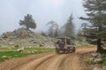 Extreme jeep safari tour through fog and redused visibility to Taurus mountains Royalty Free Stock Photo