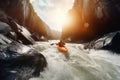 Extreme kayaking down the wild river in mountains at sunset, Generative AI