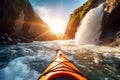 Extreme kayaking down the wild river in mountains at sunset, POV. Generative AI