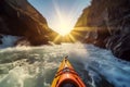 Extreme kayaking down the wild river in mountains at sunset, POV. Generative AI