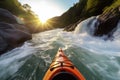 Extreme kayaking down the wild river in mountains at sunset, POV. Generative AI