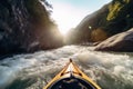 Extreme kayaking down the wild river in mountains at sunset, POV. Generative AI