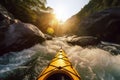 Extreme kayaking down the wild river in mountains at sunset, POV. Generative AI