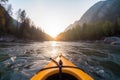 Extreme kayaking down the wild river in mountains at sunset, POV. Generative AI