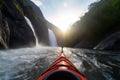 Extreme kayaking down the wild river in mountains at sunset, POV. Generative AI