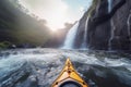 Extreme kayaking down the wild river in mountains at sunset, POV. Generative AI