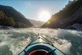Extreme kayaking down the wild river in mountains at sunset, POV. Generative AI