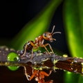Extreme macro close-up photograph of a Ant on a leaf, dark background, in the style of macro photography, generative ai Royalty Free Stock Photo
