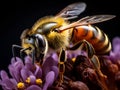 Extreme macro close-up photograph of a Bee on a flower, dark background, in the style of macro photography, generative ai