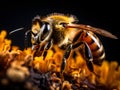 Extreme macro close-up photograph of a Bee on a flower, dark background, in the style of macro photography, generative ai