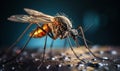 Extreme macro close-up photograph of a mosquito on a skin, dark background, in the style of macro photography, generative ai