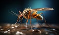 Extreme macro close-up photograph of a mosquito on a skin, dark background, in the style of macro photography, generative ai