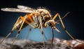 Extreme macro close-up photograph of a mosquito on a skin, dark background, in the style of macro photography, generative ai