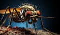 Extreme macro close-up photograph of a mosquito on a skin, dark background, in the style of macro photography, generative ai Royalty Free Stock Photo