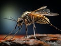 Extreme macro close-up photograph of a mosquito on a skin, dark background, in the style of macro photography, generative ai